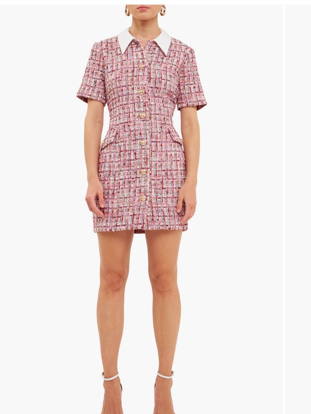 Endless Rose Pink Tweed Button-Front Mini Dress with White Collar